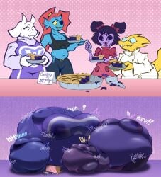 alphys belly_expansion big_breasts blueberry_inflation breasts cleavage fat fat_fetish female female_only furry growth huge_breasts hyper_belly hyper_breasts immobile inflation megalardon milf muffet pie size_difference size_transformation spherical_inflation tagme thick_thighs toriel transformation undertale undyne wide_hips