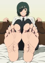ashilover44 bob_cut chainsaw_man dressed dressed_female eye_patch eyepatch feet feet_focus foot_fetish foot_focus green_eyes green_hair himeno_(chainsaw_man) holding_shoes laying_on_bed on_bed short_hair smiling sole sole_female soles soles_female soles_fetish suit suit_and_tie tie toes