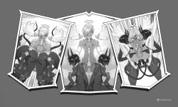 1boy 2girls anal anal_fisting angel angel_wings black_hair chastity_cage demon_girl demon_tail detached_wings double_penetration erection fisting futanari grey_background greyscale halo highres monochrome multiple_girls nipple_piercing original piercing sex short_hair tail tailbox wings
