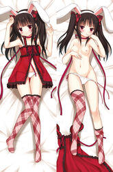 animal_ears blush breasts brown_hair bunny_ears choker dakimakura fake_animal_ears highres koi_(koisan) lingerie lying mound_of_venus negligee nipples on_back open_clothes original panties partial_nude plaid red_eyes ribbon_choker see-through side-tie_panties thighhighs tied_hair topless twintails underwear underwear_only untied white_panties