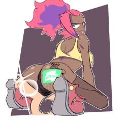 1girls ash_lee_ember ass background bleh colored dark-skinned_female fish_hook fluffy_hair long_hair looking_back oc original_character panties partially_clothed red_hair shoes tongue_out webtoon wriizzyarts