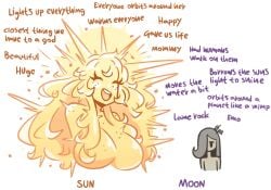 2025 2girls apollo_11 big_breasts breasts bust_portrait closed_eyes comparison featureless_breasts female female_focus female_only flat_chest flat_chested freckled_face freckles freckles_on_breasts freckles_on_face freckles_on_shoulders gray_hair grey_skin lunar_module mob_face moon murgoten nasa open_mouth personification simple_background simple_eyes simple_face space sun us_flag white_background yellow_hair yellow_skin