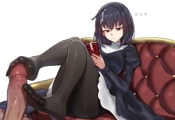 1boy absurdres bad_link black_eyes black_hair book ebora fate/grand_order fate_(series) feet female footjob footjob_with_legwear fur_hat hat highres kuonji_alice mahou_tsukai_no_yoru multitasking pantyhose penis reien_girl's_academy_school_uniform school_uniform short_hair straight two-footed_footjob uncensored white_background