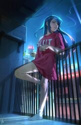 1girls aurahack balcony blue_hair breasts cigarette cyberpunk female full_body hair_down highres julianne_stingray long_hair looking_away night oversized_clothes pajamas print_shirt red_eyes slut_print smoking smoking_cigarette socks solo t-shirt va-11_hall-a