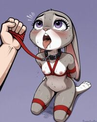 ai_generated bondage bunny_girl drooling female grey_fur halfaslime hands_behind_back judy_hopps leash looking_at_partner nipples nude open_mouth restrained saliva tied_up tongue_out violet_eyes zootopia