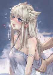 1boy absurdres animal_ears arknights arknights:_endfield bare_shoulders blue_eyes blush breasts commentary_request dress female gloves grey_hair heart highres implied_sex jacket large_breasts long_hair lower_teeth_only open_mouth perlica_(arknights) saliva semi_colon squeans teeth white_dress yellow_pupils