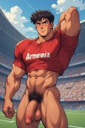 ai_generated alpha_male anime anime_style armenian biceps big_balls big_bulge big_penis bulge bulge_through_clothing football_uniform gay gay_domination hairy_male male muscular