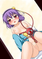 absurdres anus bare_shoulders blush bottomless breasts dutch_angle female hairband highres hoshizuki_(seigetsu) nipples off_shoulder purple_hair pussy red_eyes satori_komeiji seigetu sitting solo third_eye touhou uncensored