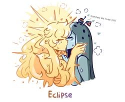 2025 2girls apollo_11 big_breasts blush breasts closed_eyes cute eclipse female female_focus female_only freckled_face freckles freckles_on_breasts freckles_on_face freckles_on_shoulders gray_hair grey_body grey_hair grey_skin hand_on_another's_head hand_on_head hand_on_shoulder heart hearts_around_head kissing lesbian_kiss lunar_module moon murgoten nasa simple_background simple_eyebrows simple_face solar_eclipse steam sun sweat sweatdrop sweating sweaty text us_flag white_background yellow_body yellow_hair yellow_skin yuri