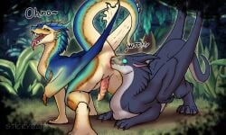 ambiguous_gender anal anal_sex animal_genitalia anus black_body black_claws black_horn black_scales blue_body blue_scales brown_fart_cloud butt_sniffing claws dragon duo erection fart fart_cloud fart_fetish farting_in_mouth farting_on_face female female_(lore) feral genital_slit genitals grass green_eyes hi_res horn male male/ambiguous mythological_creature mythological_scalie mythology penetration penis pink_anus pink_penis plant scales scalie sniffing stickybait white_body white_scales