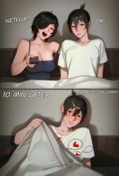 1boy 1boy1girl 1girls 2koma assertive_female black_hair chainsaw_man duo english_text eyepatch fellatio hayakawa_aki himeno_(chainsaw_man) limart nervous_sweat netflix_and_chill oral smoking spoken_heart straight under_covers