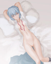 arms_behind_head arms_up bed blue_hair bottomless clothing decensored dress_shirt highres lying medium_breasts neon_genesis_evangelion nikochivv on_back open_clothes open_shirt pillow pubic_hair pussy red_eyes rei_ayanami short_hair uncensored