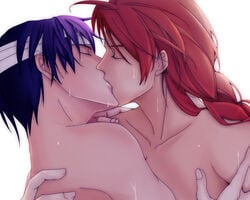 2boys bandage bare_shoulders bishonen braid closed_eyes gintama headband hug kamui kamui_(gintama) kissing long_hair male multiple_boys nude purple_hair red_hair short_hair sweat takasugi_shinsuke yaoi