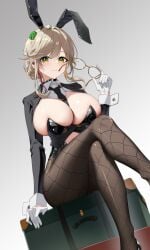 1girls1girl absurdres ade_(agent_bunny)_(nikke) ade_(nikke) animal_ear_hairband animal_ears between_breasts black_leotard black_necktie black_pantyhose blush breasts briefcase brown_hair bun_with_braided_base cleavage closed_mouth clothing_cutout clover_hair_ornament clover_pin commentary crossed_legs fake_animal_ears fishnet_pantyhose fishnets four-leaf_clover_hair_ornament glasses gloves goddess_of_victory:_nikke green_eyes hair_intakes hair_ornament hairband high_heels highres holding holding_removed_eyewear huge_breasts le_huo leotard long_hair long_sleeves looking_at_viewer navel navel_cutout necktie necktie_between_breasts pantyhose playboy_bunny rabbit_ear_hairband rabbit_ears sidelocks sitting sitting_on_object smile solo stomach undersized_breast_cup unworn_eyewear white_gloves white_wrist_cuffs wrist_cuffs yellow-framed_eyewear