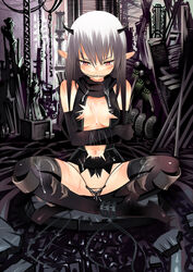 1girls assassin_cross black_legwear blush breasts cum cum_on_body cum_on_clothes cum_on_upper_body elbow_gloves fangs female fireflysnow gag gagged gloves grey_hair highres horns injury long_hair navel nipples pointy_ears pussy ragnarok_online red_eyes scarf sitting sitting_indian_style solo tears thighhighs torn_clothes uncensored