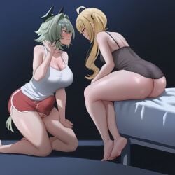 1futa 1girls ai_assisted ai_generated ass big_ass big_breasts big_thighs birthday_suit blonde_hair blush breasts caesar_king cleavage erection erection_under_clothes female futa/female futanari gold_eyes green_hair hair_ornament hoyoverse intersex intersex/female long_hair looking_at_one_another luciana_de_montefio nervous ninixkyuu on_floor on_knees red_eyes short_shorts shorts side_ponytail sitting sitting_on_bed size_difference small_breasts soles strap_slip sweat sweatdrop tank_top zenless_zone_zero