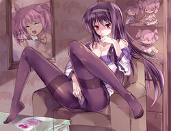 2girls akemi_homura bare_shoulders black_hair black_legwear blush character_doll clothed_masturbation clothing doll feet female fingering fingering_through_clothes fingering_through_panties hairband human legs long_hair long_legs madoka_kaname mahou_shoujo_madoka_magica masturbation multiple_girls panties panties_under_pantyhose pantyhose pico_(picollector79) purple_eyes sitting spread_legs sweat text thighband_pantyhose thighs through_clothes translation_request underwear yuri