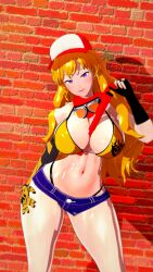 1girls big_breasts bikini bikini_top blonde_female blonde_hair breasts hat long_hair long_hair_female nakadashi_(artist) pose posing purple_eyes robotic_arm rwby short_shorts solo_female stomach wrench yang_xiao_long