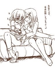 2girls blush bra bra_pull breasts couch female fingering footwear glasses hair_ornament hairclip hand_in_another's_panties hand_in_panties hard_translated junko_kaname kimoto_rai lingerie mahou_shoujo_madoka_magica monochrome multiple_girls nipples off_shoulder panties pantyhose saotome_kazuko short_hair socks spread_legs strap_slip translated underwear yuri