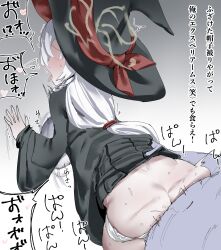 1boy 1girls ahe_gao big_breasts black_hair blue_archive blush breasts brown_eyes clothed clothed_female clothed_female_nude_male clothed_sex clothing colored_skin completely_nude completely_nude_male cum cum_on_clothes cum_on_hat dialogue eri_(blue_archive) female grabbing_from_behind grey_skin hat huge_breasts japanese_text long_hair male male/female nude nude_male open_mouth sex sex_from_behind simple_background size_difference speech_bubble text white_background wizard_hat