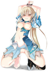 barefoot blonde_hair bondage breasts brown_eyes clenched_teeth dynasty_warriors female female_only human long_hair mamo_williams open_clothes open_mouth original ponytail shin_sangoku_musou shin_sangoku_musou_6 simple_background single_shoe solo tears tied_hair torn_clothes wang_yuanji yellow_eyes