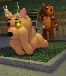 1boy 1boy1girl 3d antlers blush breasts canine car deer dessa_(piggy) doggy_(piggy) female glowing_eye grass helpyisgod light lying_on_stomach male/female nipples nude penis piggy_(game) scratching_head standing