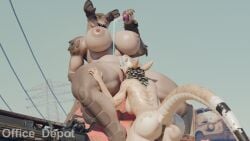 animal_humanoid anthro bethesda_game_studios beverage big_breasts breasts deathclaw deathclaw_humanoid drinking duo fallout female female/female genitals hi_res humanoid microsoft night_stalker_(fallout) nude nuka-cola nuka-cola_quantum office_depot_(artist) pouring pouring_liquid pouring_onto_self scalie scalie_humanoid thick_thighs vulva