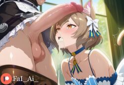 ai_generated animal_ears artist bare_shoulders blue_choker blush bow brown_hair cat_boy cat_ears cat_tail frilled_dress frills futanari gay hairbow huge_cock indoors large_penis sissy veins veiny_penis white_bow window yellow_eyes