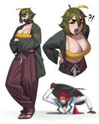 1futa 1girls ?1 absurd_res big_breasts black_eyes cleavage crossed_arms eyelashes female futanari green_hair green_lipstick hairclip hatsuno_(rizdraws) japanese_clothes looking_at_viewer makeup midori_(rizdraws) mole mole_on_breast mole_under_mouth original red_hair reference rizdraws sharp_teeth spiked_collar thick_eyebrows tongue_piercing tuft very_high_resolution white_background