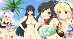 5girls asuka_(senran_kagura) beach bikini bikini_skirt black_bikini black_bow black_hair blonde_hair blood blue_bikini blue_eyes blue_hairband blue_sky blunt_bangs blush bow breasts brown_eyes cleavage closed_eyes coconut coconut_tree cross-shaped_pupils drooling eyepatch female female_only floral_print floral_print_bikini game_cg green_bikini green_eyes grin hair_ribbon hairband hairbow hand_on_another's_shoulder hand_on_own_hip hibari_(senran_kagura) highres ikaruga_(senran_kagura) katsuragi_(senran_kagura) large_breasts long_hair lotion medium_hair multiple_girls navel non-web_source nosebleed official_art open_mouth outdoors palm_tree pink_bikini pink_hair ponytail print_bikini red_scarf ribbon saliva scarf seashell senran_kagura senran_kagura_estival_versus shell shuriken_hair_ornament sidelocks sky smile sunscreen swimsuit symbol-shaped_pupils tree twintails water white_bikini white_hair white_ribbon yaegashi_nan yagyuu_(senran_kagura)