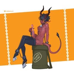 1boy artist_name black_hair black_thighhighs candy candy_cane chains demon_boy demon_horns demon_tail erection food full_body fur-trimmed_thighhighs fur_trim glowing glowing_eyes highres holding holding_candy holding_candy_cane holding_food horns krampus male_focus nipple_piercing orange_background original piercing short_hair solo sounding tail tailbox thighhighs urethral_insertion yellow_eyes