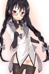 akemi_homura black_hair black_legwear blush bow braid face female glasses hairband hairbow heresy kazyar long_hair magical_girl mahou_shoujo_madoka_magica no_pants panties pantyhose pantyhose_pull pink_panties purple_eyes red-framed_glasses semi-rimless_glasses solo spoilers twin_braids under-rim_glasses underwear