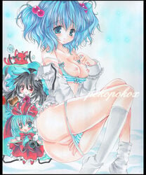 bare_shoulders blue_eyes blue_hair bow bra bra_pull breasts chibi feline female hair_bobbles hair_ornament kagiyama_hina kneehighs lingerie marker_(medium) multiple_girls nipples nitori_kawashiro off_shoulder panties panty_pull pekopokox pussy rin_kaenbyou rin_kaenbyou_(cat) shikishi striped striped_panties touhou traditional_media uncensored underwear utsuho_reiuji white_legwear