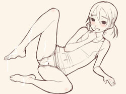 1girls barefoot blush cameltoe copyright_request cum feet female flat_chest monochrome school_swimsuit shimano_natsume short_twintails sketch solo spread_legs swimsuit tied_hair twintails