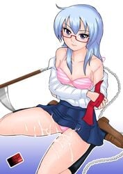 amamiya_sakurako black_kneehighs black_legwear blue_hair bra crossed_arms cum cum_on_body cum_on_clothes cum_on_lower_body cum_on_thighs female glasses kneehighs open_clothes open_shirt panties psyren purple_eyes shirt shoes skirt striped striped_bra striped_panties underwear weapon