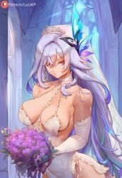 1girls ai_generated blue_hair breasts church female female_only flower flowers genshin_impact holding_flower hoyoverse large_breasts lingerie long_hair looking_at_viewer lucakp mihoyo patreon patreon_link patreon_logo patreon_url patreon_username skirk_(genshin_impact) tagme voluptuous voluptuous_female wedding wedding_dress wedding_lingerie wedding_veil