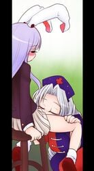 animal_ears blush bunny_ears closed_eyes cunnilingus eirin_yagokoro female hat lavender_hair long_hair multiple_girls nurse_cap oral purple_hair reisen_udongein_inaba silver_hair sitting skirt sotto stool tongue tongue_out touhou yuri