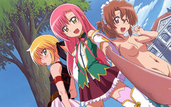 3girls blonde_hair blush breasts brown_hair cosplay fate_testarossa hayate_no_gotoku! highres katsura_hinagiku long_hair lyrical_nanoha mahou_shoujo_lyrical_nanoha maria multiple_girls nipples nude nude_filter photoshop pink_hair pussy sanzen'in_nagi sanzenin_nagi smile uncensored wink yellow_eyes