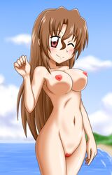 beach breasts brown_hair erect_nipples female goriate hayate_no_gotoku! long_hair maebari maria_(hayate_no_gotoku!) ocean pasties pixiv_manga_sample pointy_chin red_eyes sea smile wink