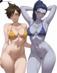 2girls ai_generated armpit_crease armpits arms_at_sides arms_behind_head bare_shoulders bikini blue_hair bottomless breasts brown_hair closed_mouth collarbone curvy dark_blue_hair glowing_eyes hi_res high_quality high_resolution highres huge_breasts large_breasts light lips lipstick looking_at_viewer midriff navel nose opal_nemy overwatch overwatch_2 patreon_logo patreon_url patreon_username plain_background ponytail pussy self_upload shadow shiny shiny_clothes shiny_hair shiny_skin short_hair simple_background standing swimsuit thick_thighs thighs tracer watermark white_background widowmaker