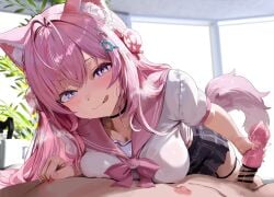 1boy animal_ears antenna_hair artificial_vagina bar_censor black_skirt blush braid braided_bun breasts censored cleavage closed_mouth collarbone crown_braid dikko double_bun female hair_between_eyes hair_bun hair_ornament hakui_koyori hakui_koyori_(school_uniform) handjob highres hololive indoors large_breasts long_hair looking_at_viewer nipple_stimulation nipple_tweak onahole_handjob onahole_job pink_eyes pink_hair pink_sailor_collar pink_tail pleated_skirt sailor_collar school_uniform serafuku sex_toy short_sleeves skirt smile solo_focus tail thigh_strap thighs virtual_youtuber white_serafuku wolf_ears wolf_girl wolf_tail