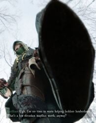 1girls 3d 80lines black_eyes clothed crush dominant_female elf female footwear giantess imminent_death kerillian larger_female looking_at_viewer looking_down looking_down_at_viewer low-angle_view pov size_difference stepped_on stomping stomping_pov talking text text_box underfoot vermintide viewer_pov warhammer_fantasy worm's-eye_view