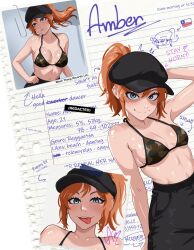 2d 2d_(artwork) amber_(gabesap) autograph bare_shoulders bikini_top black_pants blue_eyes bouncing_breasts cap character_profile chilean chilean_female chilean_flag dancing english_text freckles gabesap hat midriff navel orange_hair photo polaroid_photo ponytail shiny_skin sketch small_breasts smile sweat tagme text tongue_out