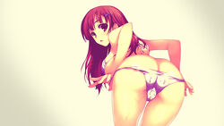 16:9 ass bent_over bikini blush braid breasts butt_crack cum female from_behind hair_ornament hairclip highres large_breasts long_hair looking_back looking_behind open_mouth panty_pull red_eyes red_hair simple_background solo swimsuit tomose_shunsaku underboob wallpaper