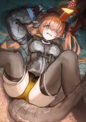 1other absurdres ammunition angry black_horns blush dragon_girl dragon_horns dress fallen_down female fingerless_gloves gloves green_background gun hat highres horns magnistr1 magus_(zenless_zone_zero) mechanical_horns mechanical_tail on_floor one_eye_closed open_mouth orange_hair orange_pupils orphie_magnusson panties pointy_ears single_fingerless_glove spread_legs sweat tail teeth thighhighs tripping underwear upper_teeth_only weapon yellow_panties zenless_zone_zero zipper_dress zipping