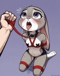 ai_generated black_legwear blush bondage bunny_girl dismebodied_hands drooling floopy_ears furry grey_fur halfaslime judy_hopps kneeling leash looking_at_partner nipple_tape open_mouth restrained saliva tied_up tongue_out violet_eyes zootopia