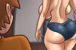 1boy big_ass breadman_games breasts brown_hair brown_hair_female demon_deals erection female half-dressed hentai_game huge_breasts huge_cock incest leslie_gates light-skinned light-skinned_female light_skin main_character_(demon_deals) male mother penis tagme thong thong_only