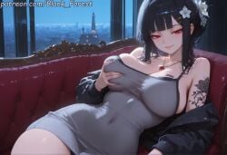 ai_generated arm_support arm_tattoo bangs bare_shoulders black_dress black_hair black_jacket black_panties blank_forest blue_sky blunt_bangs blush breast_tattoo breasts cleavage closed_mouth collarbone couch covered_navel covered_nipples d_(killer_wife)_(nikke) day deep_skin dress dutch_angle earrings eyebrows_visible_through_hair female fingernails flower goddess_of_victory:_nikke grabbing grabbing_own_breast grin hair_bun hair_flower hair_ornament hairclip half-closed_eyes hand_on_breast hand_on_own_chest indoors jacket jewelry large_breasts leaning_back lips long_hair long_sleeves looking_at_viewer lying mole mole_under_eye nail_polish navel necklace night ocean off_shoulder open_clothes open_jacket open_mouth outdoors panties parted_lips pink_nails pool poolside reclining red_eyes self_fondle shiny shiny_skin ship short_dress short_hair shoulder_tattoo sidelocks sitting sky smile solo swimsuit tank_top tattoo taut_clothes thighs underwear water watercraft white_flower window