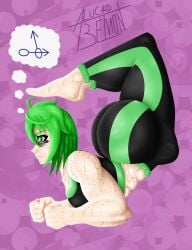 1boy ahoge alucard_belmont baggy_eyes barefoot dark_circles erection erection_under_clothes erection_under_clothing eyebags feet feet_fetish femboy femboy_only foot_fetish freckles freckles_on_face green_eyes green_hair human male male_only muscular muscular_femboy muscular_male oc original_character side_view solo_male sweat sweating sweaty sweaty_feet yoga yoga_pants yoga_pose