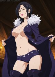 1girl, ai_generated black_hair, boots, breasts, cape, fur-trimmed_jacket, fur_coat, fur_collar, lipstick, looking_at_viewer, makeup, merlin_(nanatsu_no_taizai) mr_geroiniy navel, no_bra, open_clothes, panties, seven_deadly_sins short_hair, solo, standing, thigh_boots, thighhighs, underwear, yellow_eyes